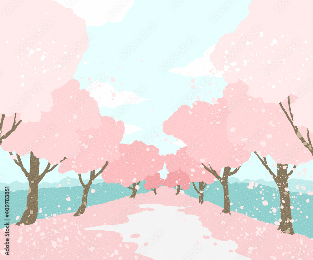 花びらの舞い散る桜並木のイラスト素材 Background Wall Mural Backgrou Neg