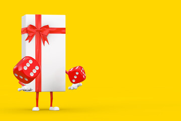 Poster - White Gift Box and Red Ribbon Character Mascot with Red Game Dice Cubes in Flight. 3d Rendering