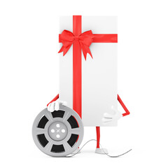 Poster - White Gift Box and Red Ribbon Character Mascot with Red Map Pointer Target Pin. 3d Rendering