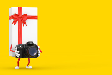 Poster - White Gift Box and Red Ribbon Character Mascot with Modern Digital Photo Camera. 3d Rendering
