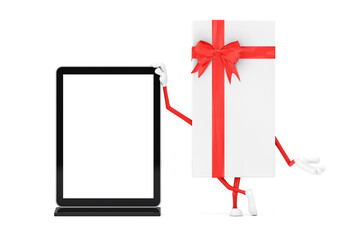 Poster - White Gift Box and Red Ribbon Character Mascot with Blank Trade Show LCD Screen Display Stand as Template for Your Design. 3d Rendering