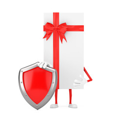 Poster - White Gift Box and Red Ribbon Character Mascot with Red Metal Protection Shield. 3d Rendering