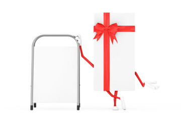Aufkleber - White Gift Box and Red Ribbon Character Mascot with White Blank Advertising Promotion Stand. 3d Rendering