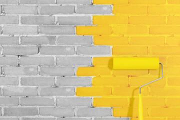 Poster - Brick Wall with Paint Roller in Yellow Illuminating and Ultimate Gray Main Trendy Colors of the Year 2021. 3d Rendering