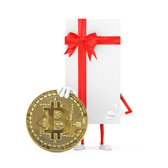 Aufkleber - White Gift Box and Red Ribbon Character Mascot with Digital and Cryptocurrency Golden Bitcoin Coin. 3d Rendering