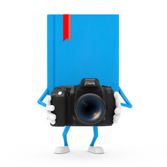 Poster - Blue Book Character Mascot with Modern Digital Photo Camera. 3d Rendering