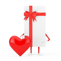 Aufkleber - White Gift Box and Red Ribbon Character Mascot with Red Heart. 3d Rendering