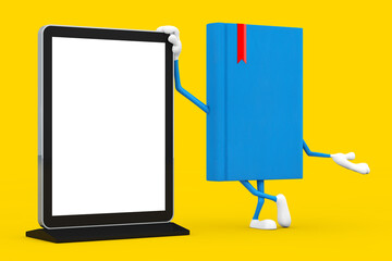 Poster - Blue Book Character Mascot with Blank Trade Show LCD Screen Display Stand as Template for Your Design. 3d Rendering