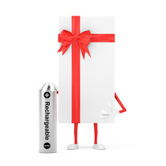 Aufkleber - White Gift Box and Red Ribbon Character Mascot with Rechargeable Battery. 3d Rendering