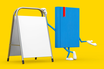 Poster - Blue Book Character Mascot with White Blank Advertising Promotion Stand. 3d Rendering