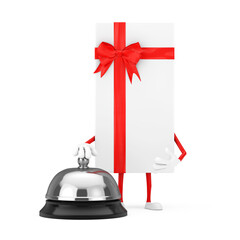 Aufkleber - White Gift Box and Red Ribbon Character Mascot with Hotel Service Bell Call. 3d Rendering