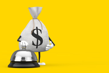 Poster - Tied Rustic Canvas Linen Money Sack or Money Bag and Dollar Sign Character Mascot with Hotel Service Bell Call. 3d Rendering