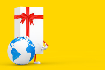 Poster - White Gift Box and Red Ribbon Character Mascot with Earth Globe. 3d Rendering