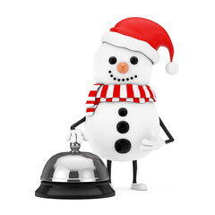 Poster - Snowman in Santa Claus Hat Character Mascot with Hotel Service Bell Call . 3d Rendering