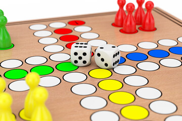 Wall Mural - Family Ludo Desk Wooden Board Game Closeup. 3d Rendering