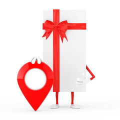 Aufkleber - White Gift Box and Red Ribbon Character Mascot with Red Map Pointer Target Pin. 3d Rendering
