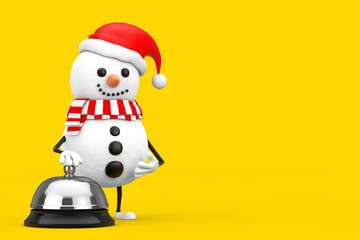Poster - Snowman in Santa Claus Hat Character Mascot with Hotel Service Bell Call . 3d Rendering