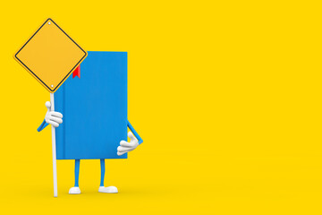 Poster - Blue Book Character Mascot and Yellow Road Sign with Free Space for Yours Design. 3d Rendering