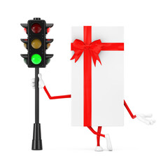 Poster - White Gift Box and Red Ribbon Character Mascot with Traffic Green Light. 3d Rendering