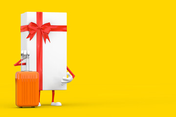 Poster - White Gift Box and Red Ribbon Character Mascot with Orange Travel Suitcase. 3d Rendering