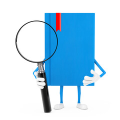Poster - Blue Book Character Mascot with Magnifying Glass. 3d Rendering