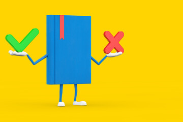 Aufkleber - Blue Book Character Mascot with Red Cross and Green Check Mark, Confirm or Deny, Yes or No Icon Sign. 3d Rendering