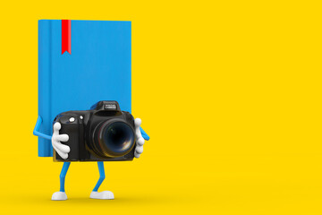 Poster - Blue Book Character Mascot with Modern Digital Photo Camera. 3d Rendering