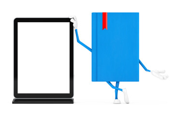 Poster - Blue Book Character Mascot with Blank Trade Show LCD Screen Display Stand as Template for Your Design. 3d Rendering