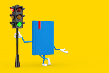 Poster - Blue Book Character Mascot with Traffic Green Light. 3d Rendering