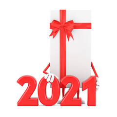 Aufkleber - White Gift Box and Red Ribbon Character Mascot with 2021 New Year Sign. 3d Rendering