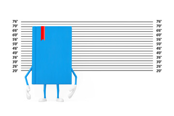 Aufkleber - Blue Book Character Mascot in front of Police Lineup or Mugshot Background. 3d Rendering