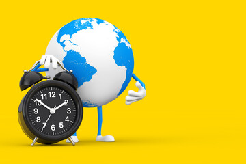 Poster - Earth Globe Character Mascot with Alarm Clock. 3d Rendering