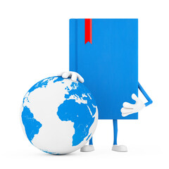 Poster - blue book character mascot with earth globe. 3d rendering