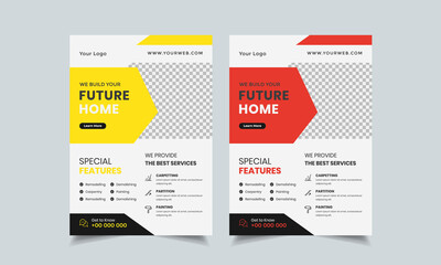 Sticker - construction flyer design template, home repair flyer, home build color a4 print ready flyer