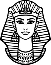 Animation Portrait Of The Beautiful Egyptian Woman. Black The White Vector Illustration Isolated On A White Background. Print, Poster, T-shirt, Tattoo.