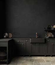 Black Kitchen Interior With Sink, Furniture, Dishes And Decor. 3d Render Illustration Mock Up.