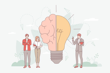 Brainstorming in imagination concept. Creative brain with innovative knowledge and genius approach to business and business people standing nearby vector illustration. Smart symbol as light bulb