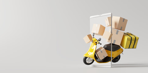 Delivery scooter with boxes on smartphone. Online delivery service concept. 3d rendering