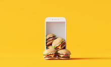 Online Food Delivery. Hamburgers On Smartphone On Yellow Background. 3d Rendering 