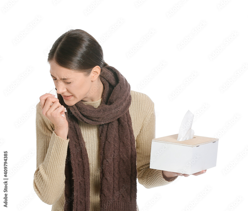 Sick young woman on white background