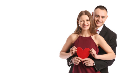 Wall Mural - Young couple with red heart on white background. Valentine's Day celebration