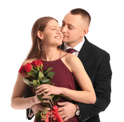 Wall Mural - Young couple with flowers on white background. Valentine's Day celebration