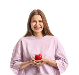 Canvas Print - Young woman with red heart on white background. Valentine's Day celebration