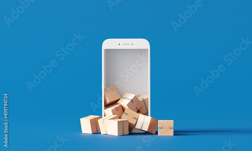 Online parcel delivery. boxes on smartphone on blue background. 3d rendering  © aanbetta