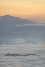 Mountain And Sea Of Fog Sunrise Surrounded With Mountain And Forest At Huai Nam Dang National Park Chiang Mai, Thailand