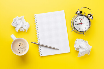 Wall Mural - Office desk with coffee, alarm clock and blank notepad