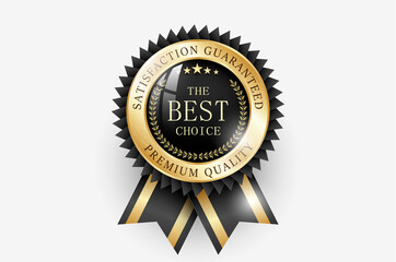 premium quality / best choice medal. realistic golden - black label - badge, best choice with ribbon