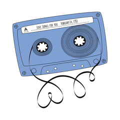 Fototapete - Blue retro tape cassette. Vintage audio mixtape in doodle style isolated on a white background. Vector colored illustration for web banners, advertisements, stickers, labels, t-shirt