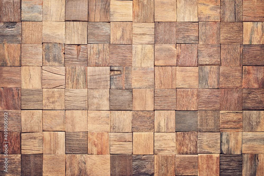 wood texture wall panel made of small planks. brown planks as background - obrazy, fototapety, plakaty 