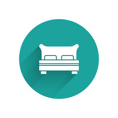 Sticker - White Big bed for two or one person icon isolated with long shadow. Green circle button. Vector.